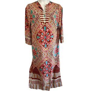 Oscar de la Renta  Size M Boho Kaftan Tunic Dress Geometric Resort Lounge Zip